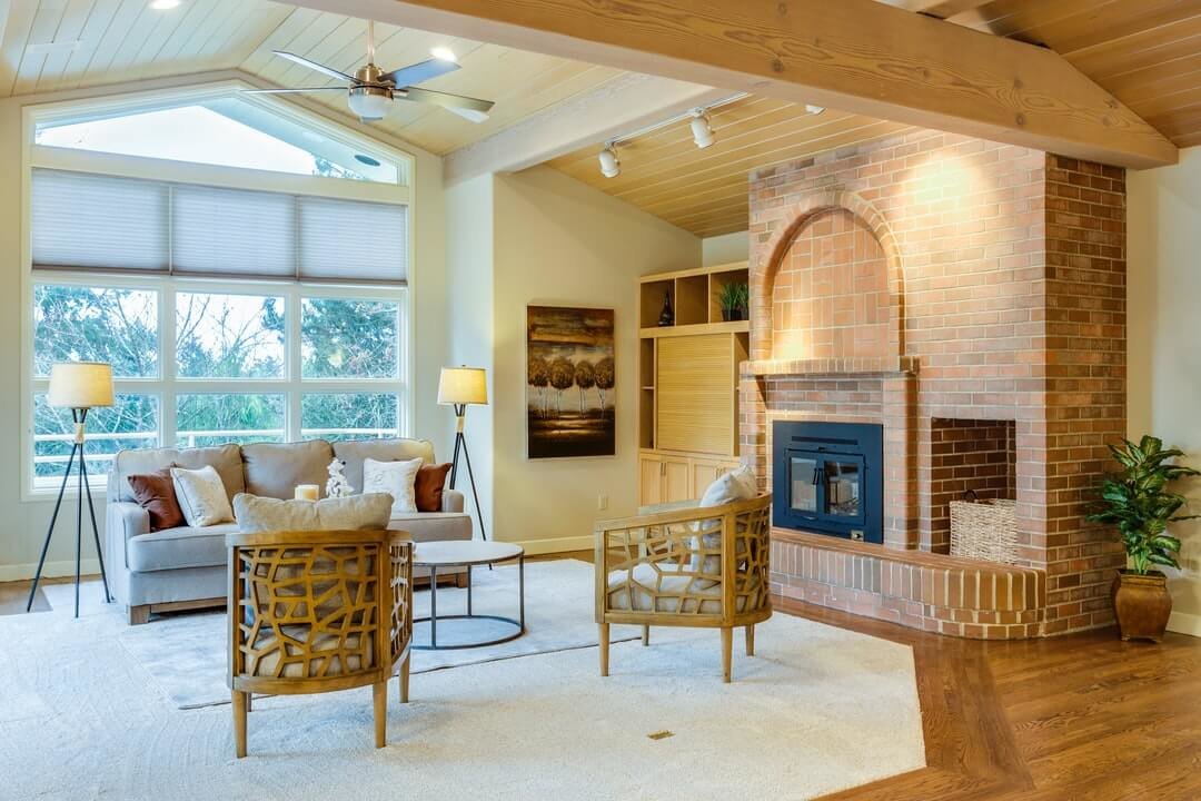 Interior shot of a living room with a fireplace